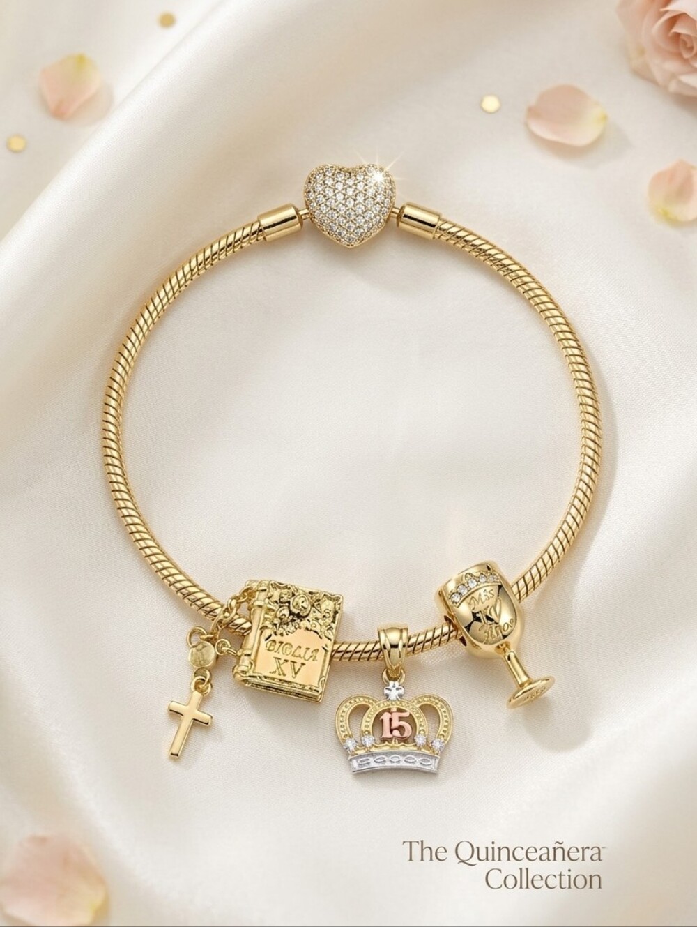 Linx Gold Snake Chain Bracelet With Religious Quinceanera Themed Charms